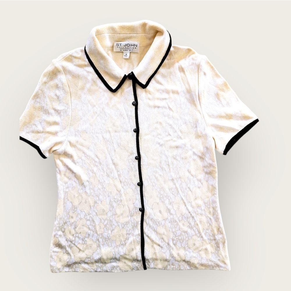 St. John Collection Short Sleeve Button Up Floral Cream Santana Knit Blouse 12